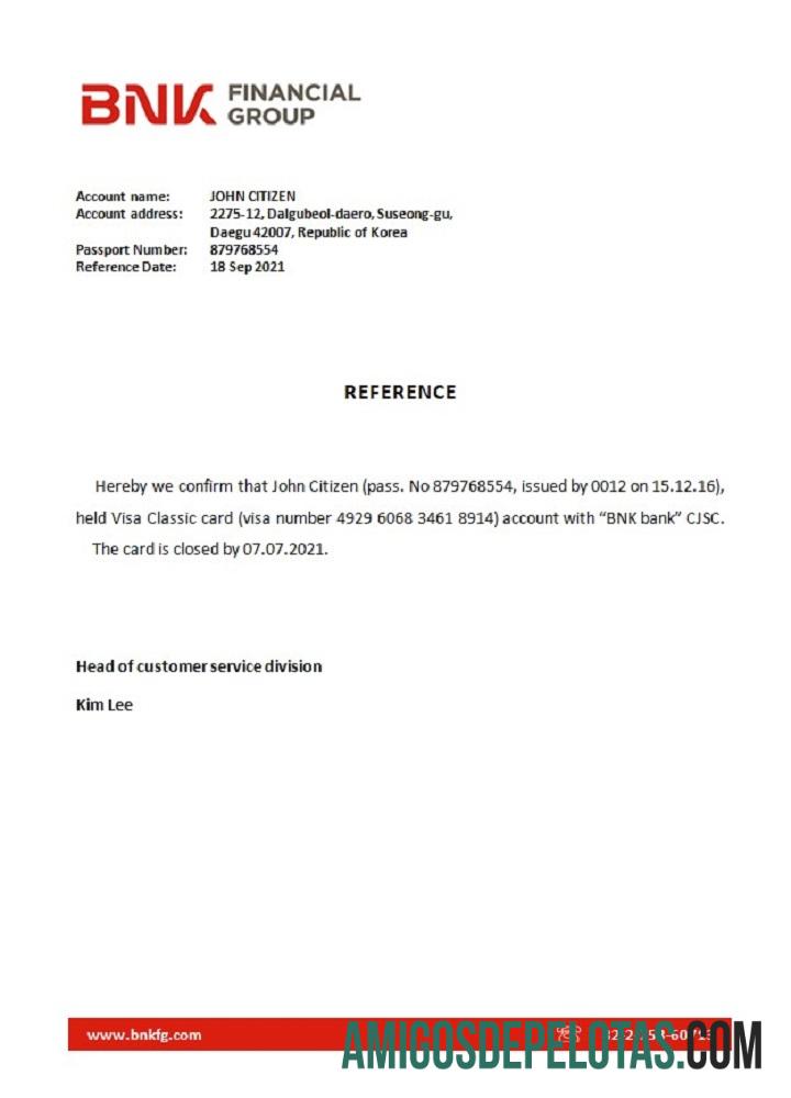 Referência de fechamento do banco BNK da Coreia exemplo